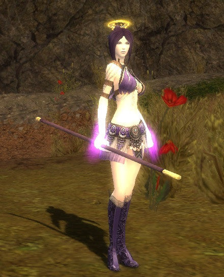 Guild Wars 1 character holding a purple Bo Staff with pale gold tips