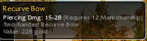 Guild Wars 1 Recurve Bow tooltip showing 15–28 piercing damage and a requirement of 12 Marksmanship
