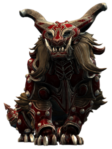 Warclaw mount wearing red and black armor with a horned mask in Guild Wars 2
