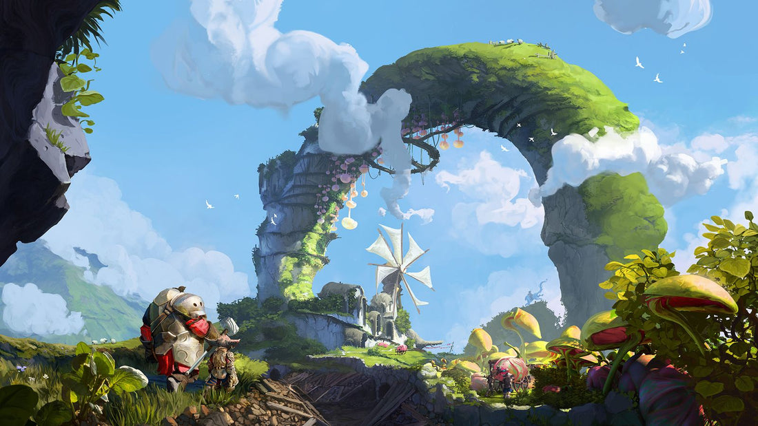 Official Guild Wars 3 concept art showing a green landscape and a vast arched rock formation