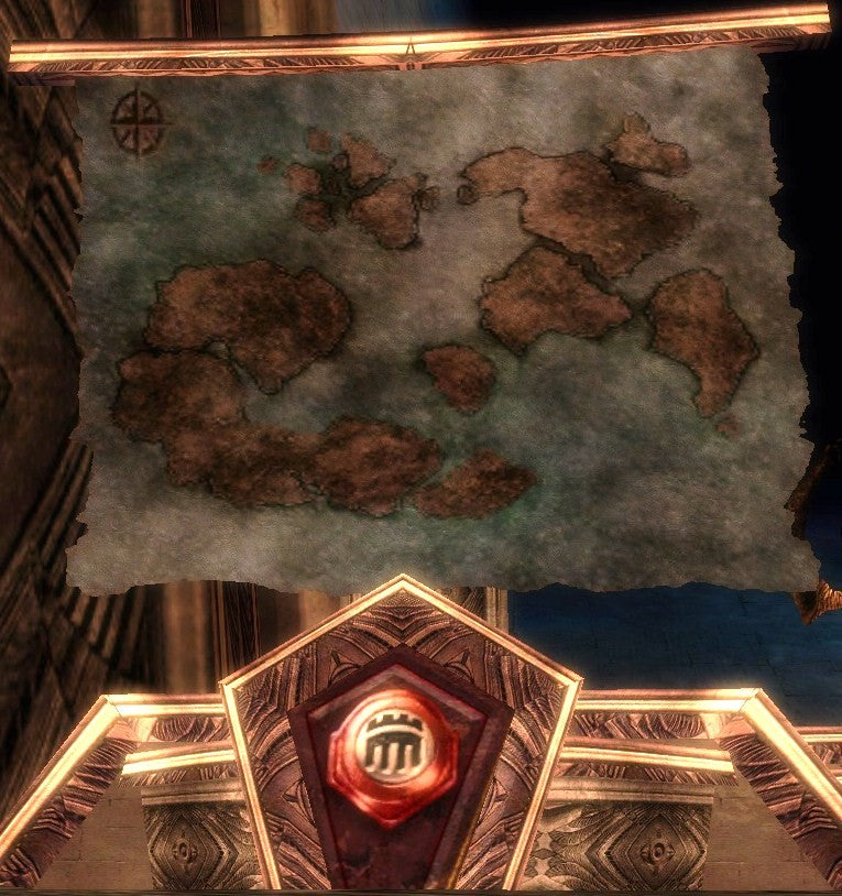 Guild Wars 1 monument display with a parchment map and red crest