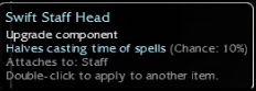 Guild Wars 1 tooltip for a Swift Staff Head with a 10% chance to halve spell casting time
