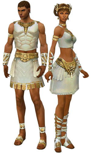 Male and female Paragon characters in white and gold armor in Guild Wars 1