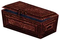 Brown Strategist’s Zaishen Strongbox with a dark metal band from Guild Wars 1