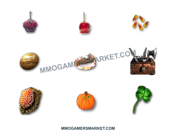 GW1 Core Pcons bundle: 250 each of Birthday Cupcakes, Candy Apples, Candy Corn, Golden Eggs, Pumpkin Pie, War Supplies, Honeycomb, Pumpkin Cookies and Four-Leaf Clovers. MMOGAMERSMARKET.COM watermark; transparent background.