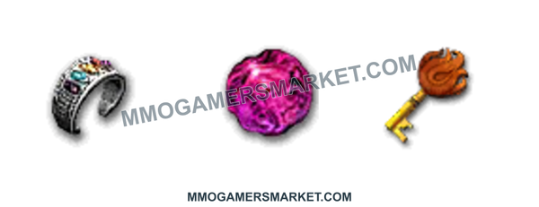 Guild Wars 1 currency bundle: Armbraces of Truth, Globs of Ectoplasm and Zaishen Keys. Four package sizes. Transparent background.. MMOGAMERSMARKET.COM watermark; transparent background.