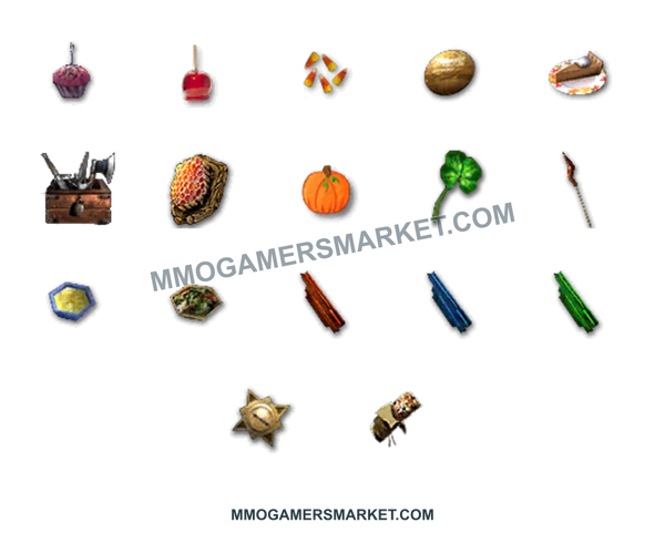 Guild Wars 1 Post-Searing Pcons bundle showing all 17 consumable types, 250 of each, including cupcakes, candy, food, rock candies, Bird's Eye Compass and Stalker's Ration, as original item icons on a transparent background.. MMOGAMERSMARKET.COM watermark; transparent background.