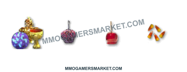 GW1 Speedclear Refill bundle: 50 complete Consets, 250 Birthday Cupcakes, 250 Candy Apples and 250 Candy Corn. Original item icons on a transparent background.. MMOGAMERSMARKET.COM watermark; transparent background.