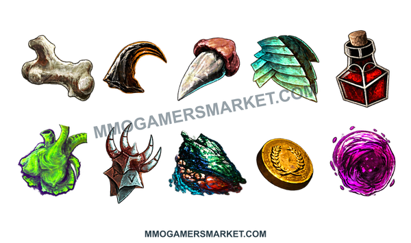 Guild Wars 2 Mystic Forge supplies bundle: 250 of each of eight Tier 6 materials, 250 Mystic Coins and 500 Globs of Ectoplasm, shown together on a transparent background.. MMOGAMERSMARKET.COM watermark; transparent background.