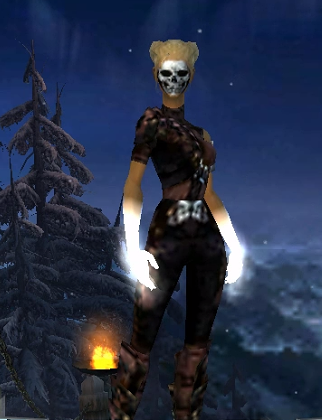 Ranger character wearing a skull mask, dark armor and glowing white gloves in Guild Wars 1