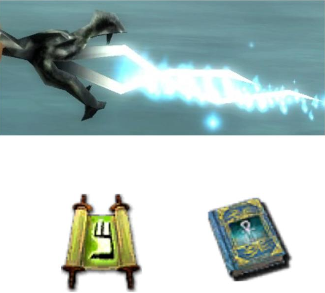 Collage of a glowing blue sword, a green rune scroll and a blue book for Guild Wars 1 Pre-Searing collectible items