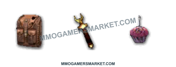 Pre-Searing Charr farm bundle: one Charr Bag, a choice of Sword Pommel or Axe Grip of Charrslaying +17%, and 250 Birthday Cupcakes. Weapon not included.. MMOGAMERSMARKET.COM watermark; transparent background.