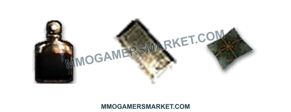 Pre-Searing currency bundle: 100 Black Dyes, 50k Gold and 50 Gifts of the Huntsman. Original icons on a transparent background.. MMOGAMERSMARKET.COM watermark; transparent background.