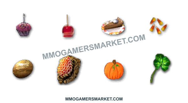 Guild Wars 1 Pre-Searing Pcons bundle: 250 each of Cupcakes, Apple Candy, Pumpkin Pie, Candy Corn, Golden Eggs, Honeycomb, Pumpkin Cookies and Four-Leaf Clover, shown as original item icons on a transparent background.. MMOGAMERSMARKET.COM watermark; transparent background.