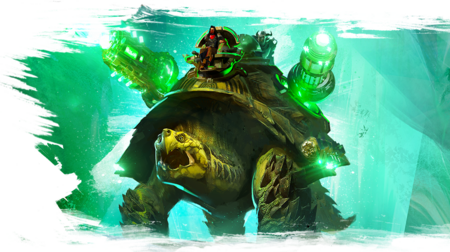 Siege Turtle mount with glowing green jade cannons in Guild Wars 2