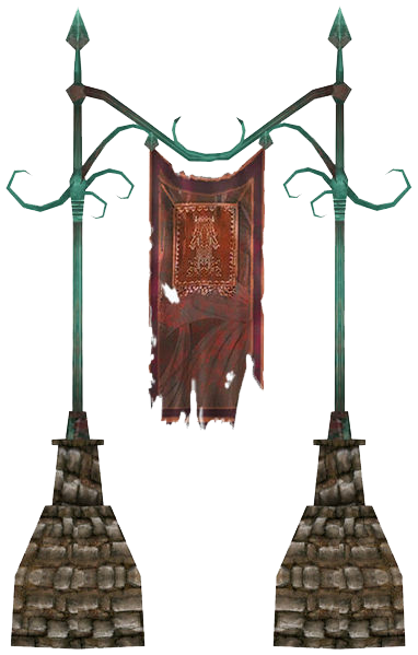 Red banner hanging between green signposts for Guild Wars 1 running services