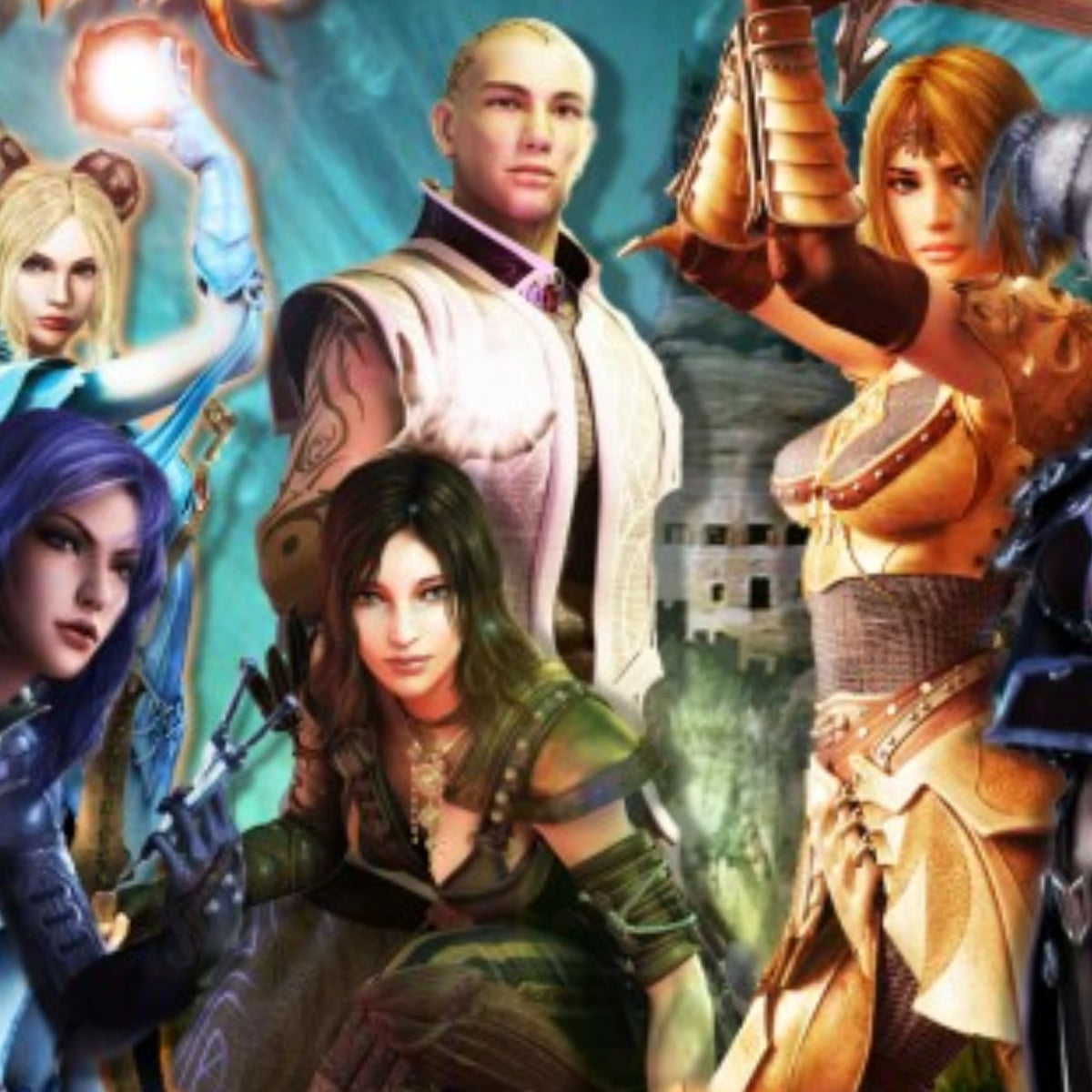 Collage of Guild Wars 1 characters for the level 1–20 leveling service