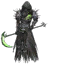 Miniature Dhuum in dark armor with a green scythe in Guild Wars 1