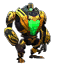 Miniature M.O.X. golem with gold armor and a green chest in Guild Wars 1