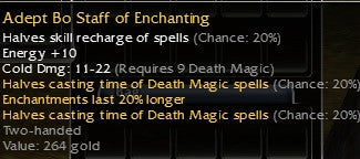 Guild Wars 1 Adept Bo Staff of Enchanting tooltip showing a requirement of 9 Death Magic, Energy +10 and enchantments lasting 20% longer