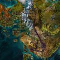 Map of Tyria showing coastlines and mountain ranges for Guild Wars 2 world completion